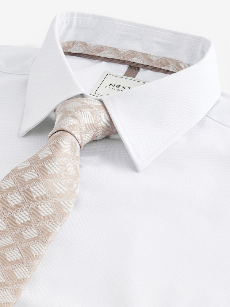 White/Neutral Brown Diamond Jacquard Slim Fit Occasion Shirt And Tie Pack - Image 1 of 8