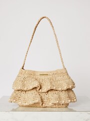 Lipsy Beige Beaded Raffia Straw Ruffle Shoulder Bag - Image 1 of 3