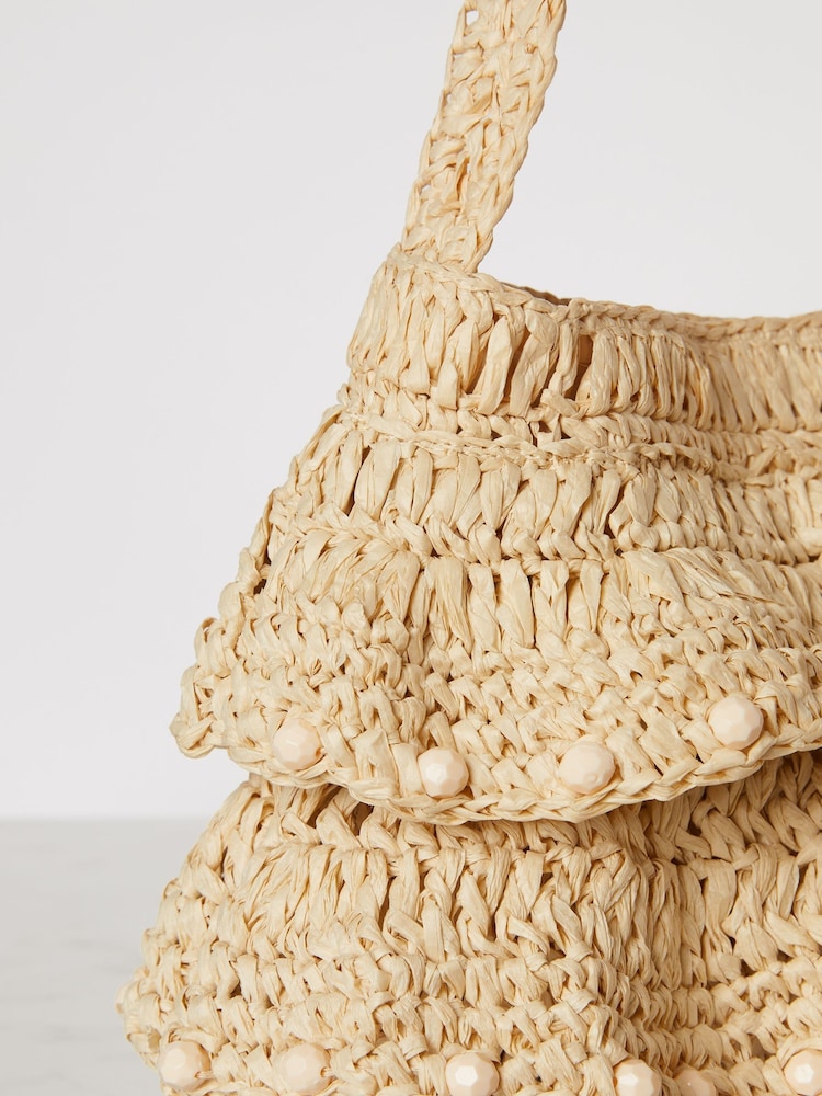 Lipsy Beige Beaded Raffia Straw Ruffle Shoulder Bag - Image 2 of 3