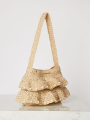 Lipsy Beige Beaded Raffia Straw Ruffle Shoulder Bag - Image 3 of 3