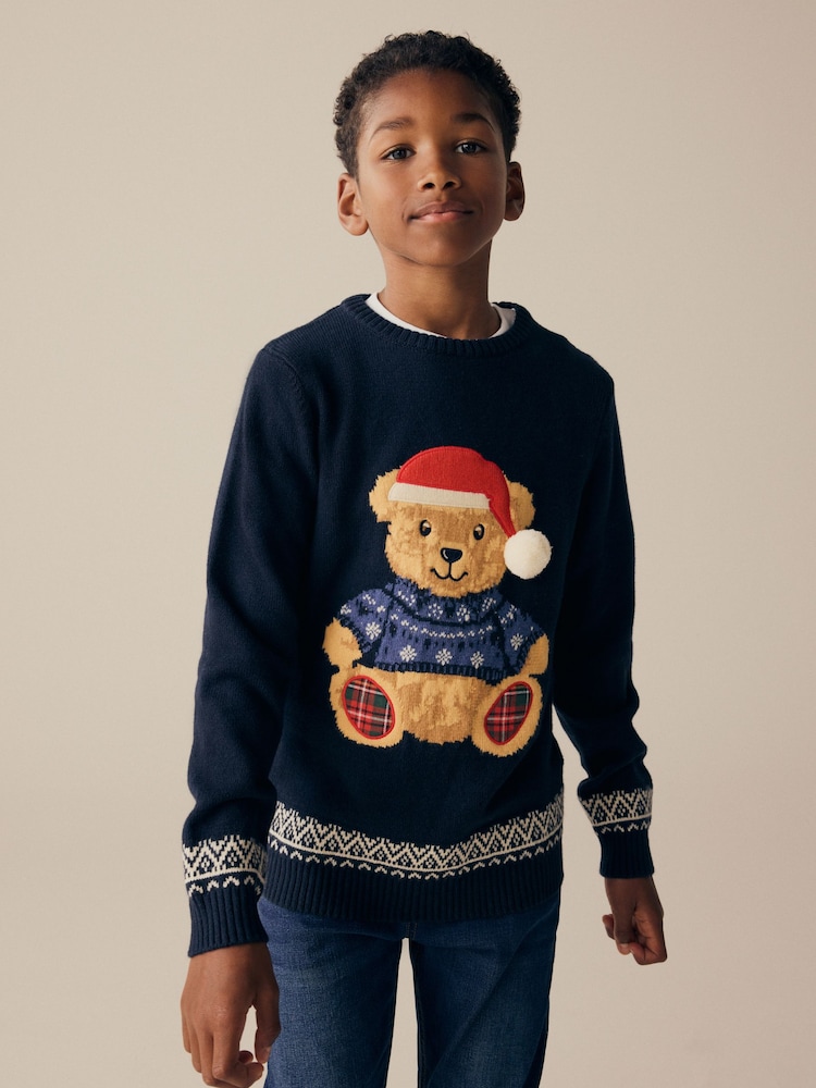 Navy Blue Bear 100% Cotton Christmas Jumper (3-16yrs) - Image 1 of 5