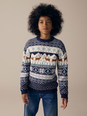 Navy Blue Boys Matching Family Christmas Fairisle Pattern Reindeer Jumper (3mths-16yrs) - Image 1 of 6