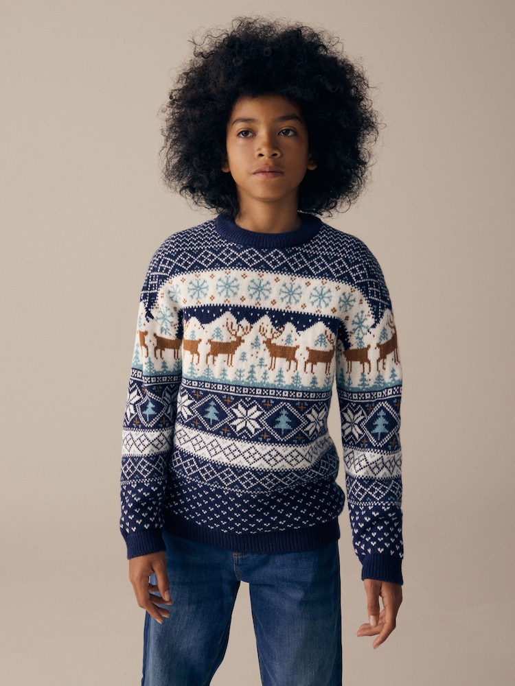 Navy Blue Boys Matching Family Christmas Fairisle Pattern Reindeer Jumper (3mths-16yrs) - Image 1 of 6