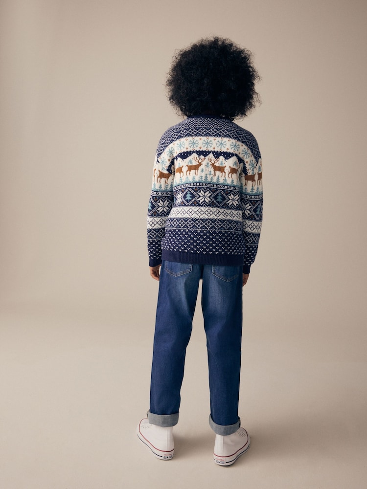 Navy Blue Boys Matching Family Christmas Fairisle Pattern Reindeer Jumper (3mths-16yrs) - Image 2 of 6