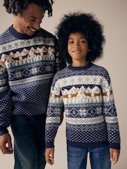 Navy Blue Boys Matching Family Christmas Fairisle Pattern Reindeer Jumper (3mths-16yrs) - Image 3 of 6