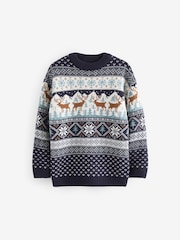 Navy Blue Boys Matching Family Christmas Fairisle Pattern Reindeer Jumper (3mths-16yrs) - Image 4 of 6