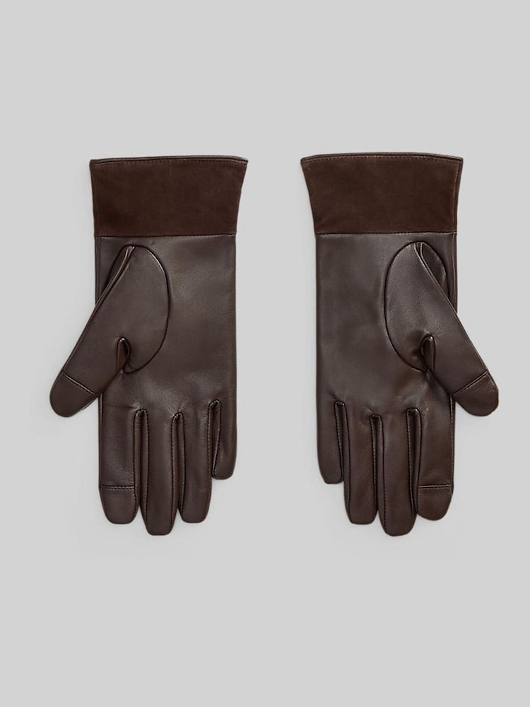 Lauren Ralph Lauren Brown Leather and Suede Logo Detail Gloves - Image 2 of 2