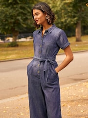 Yumi Blue 100% Cotton Denim Button Jumpsuit - Image 1 of 5