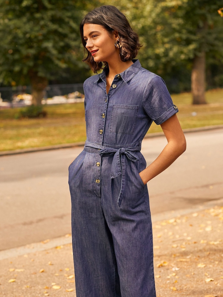 Yumi Blue 100% Cotton Denim Button Jumpsuit - Image 1 of 5