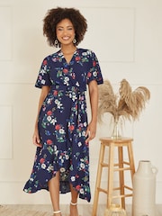Mela Blue Floral Wrap Dress With Frill Hem - Image 1 of 4