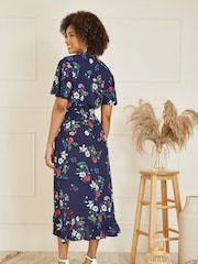 Mela Blue Floral Wrap Dress With Frill Hem - Image 2 of 4