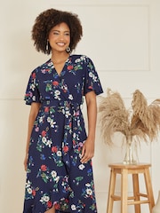 Mela Blue Floral Wrap Dress With Frill Hem - Image 3 of 4