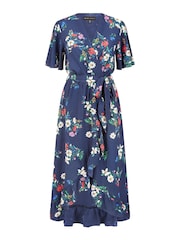 Mela Blue Floral Wrap Dress With Frill Hem - Image 4 of 4