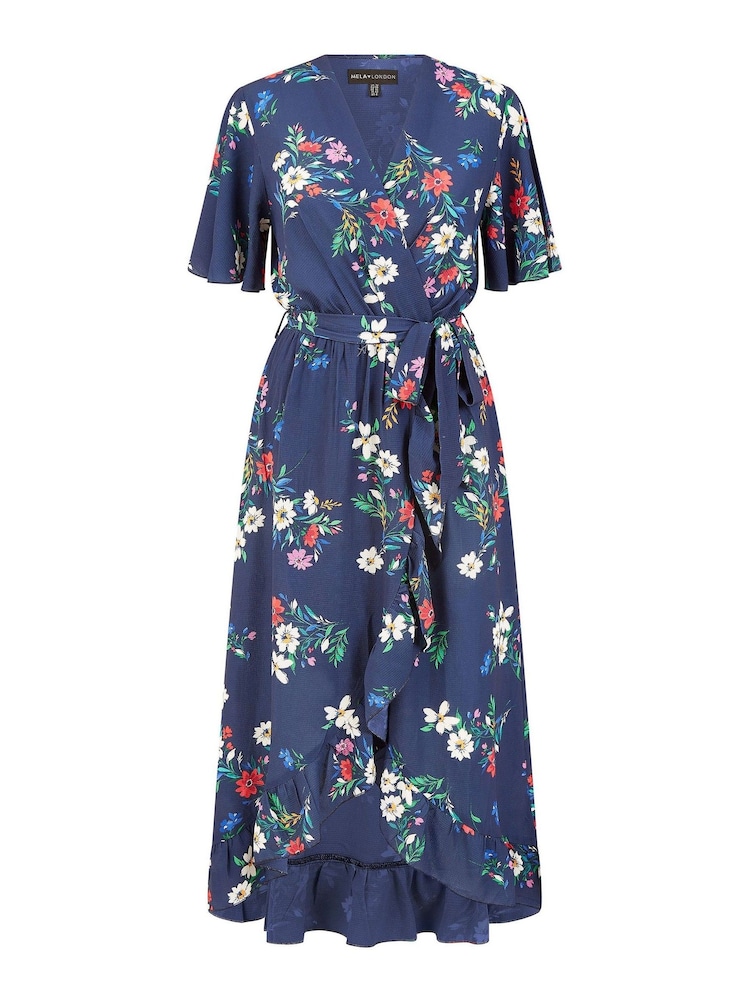 Mela Blue Floral Wrap Dress With Frill Hem - Image 4 of 4