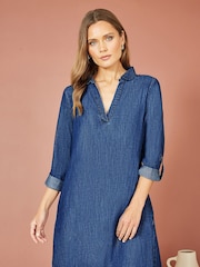 Yumi Blue Chambray 100% Cotton Tunic With Pockets - Image 1 of 4