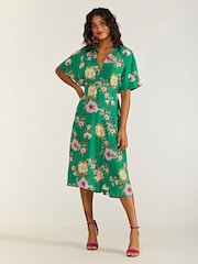 Yumi Green Crane Print Kimono Midi Dress - Image 1 of 4
