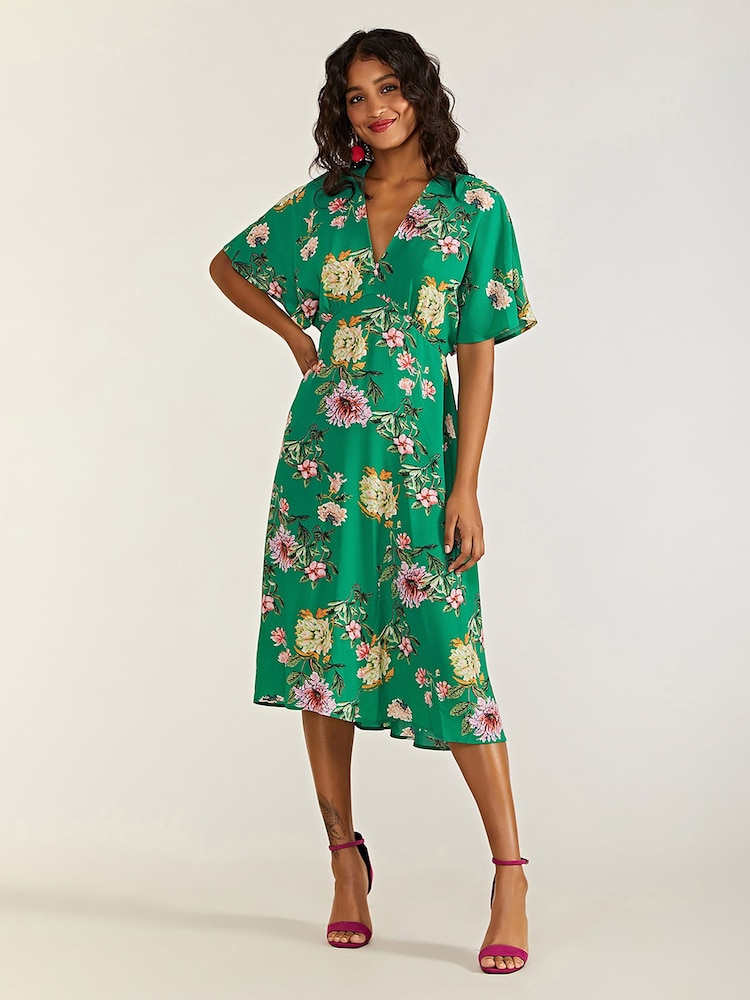 Yumi Green Crane Print Kimono Midi Dress - Image 1 of 4