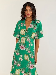 Yumi Green Crane Print Kimono Midi Dress - Image 3 of 4