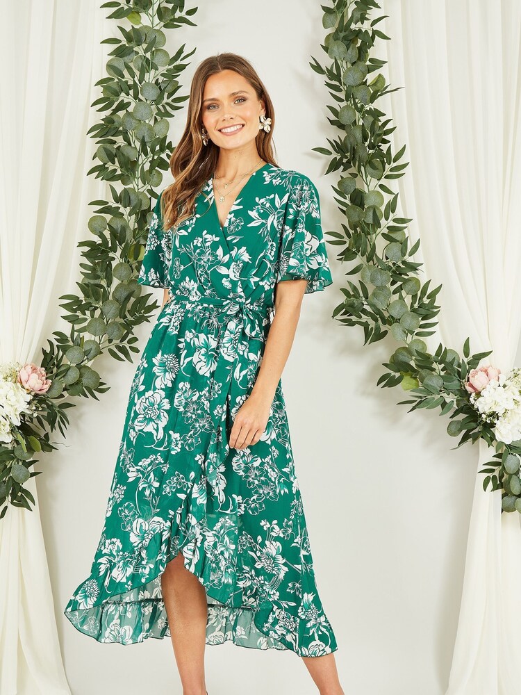 Mela Green Floral Wrap Midi Dress With Frill Detail - Image 1 of 5
