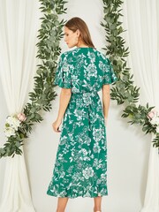 Mela Green Floral Wrap Midi Dress With Frill Detail - Image 2 of 5