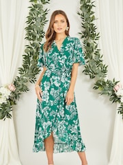 Mela Green Floral Wrap Midi Dress With Frill Detail - Image 3 of 5