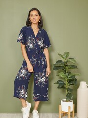 Mela Blue Floral Print Jumpsuit With Angel Sleeves - Image 1 of 5