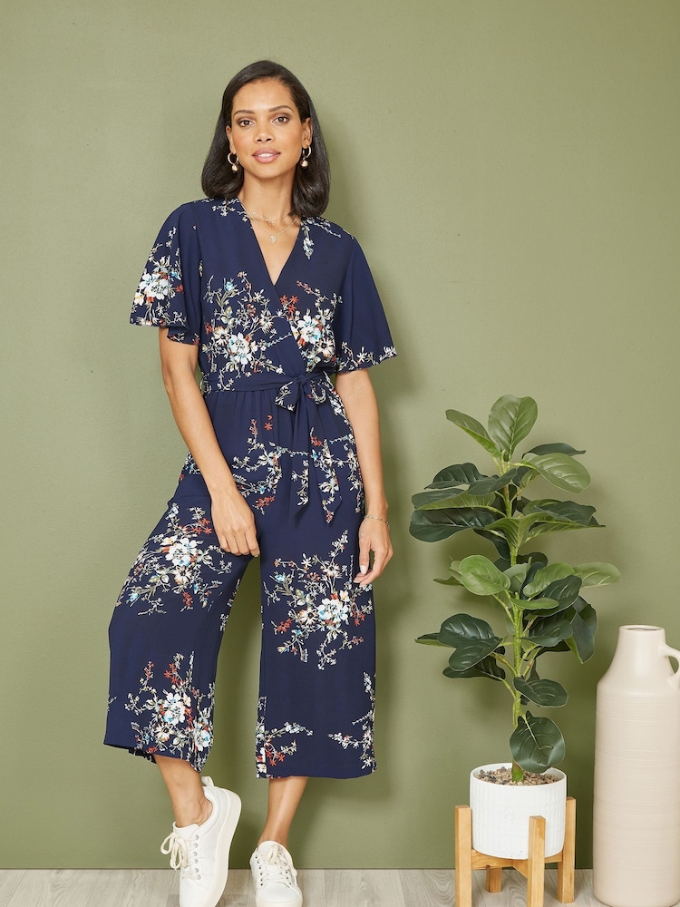 Mela Blue Floral Print Jumpsuit With Angel Sleeves - Image 1 of 5