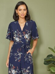Mela Blue Floral Print Jumpsuit With Angel Sleeves - Image 2 of 5