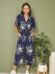 Mela Blue Floral Print Jumpsuit With Angel Sleeves - Image 3 of 5