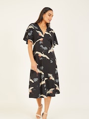 Yumi Black Crane Print Kimono Midi Dress - Image 1 of 4