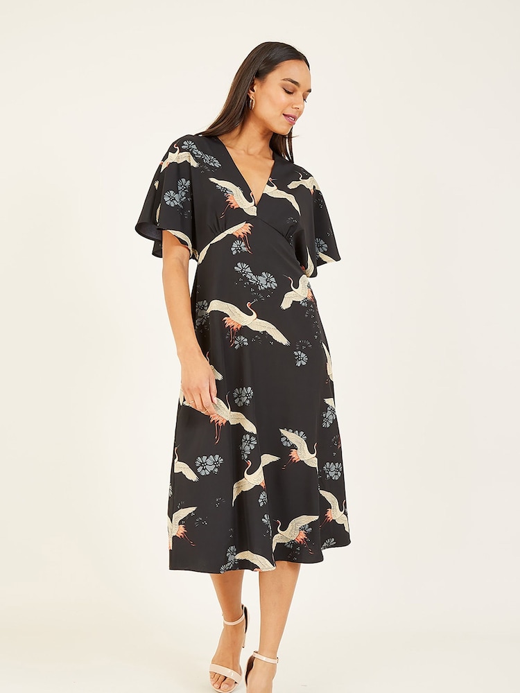 Yumi Black Crane Print Kimono Midi Dress - Image 1 of 4