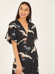 Yumi Black Crane Print Kimono Midi Dress - Image 2 of 4