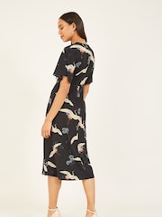 Yumi Black Crane Print Kimono Midi Dress - Image 3 of 4