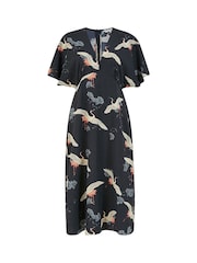 Yumi Black Crane Print Kimono Midi Dress - Image 4 of 4