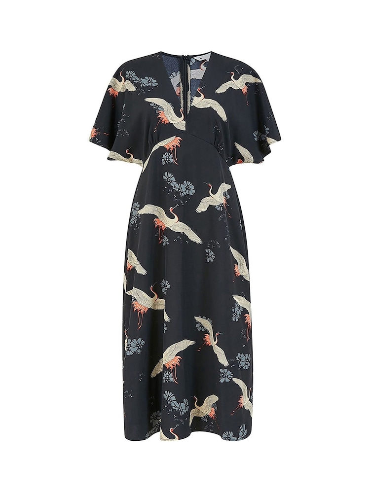 Yumi Black Crane Print Kimono Midi Dress - Image 4 of 4
