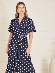 Mela Blue Spot Print Wrap Midi Dress With Frill Detail - Image 1 of 4