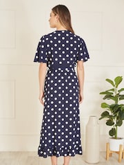Mela Blue Spot Print Wrap Midi Dress With Frill Detail - Image 2 of 4