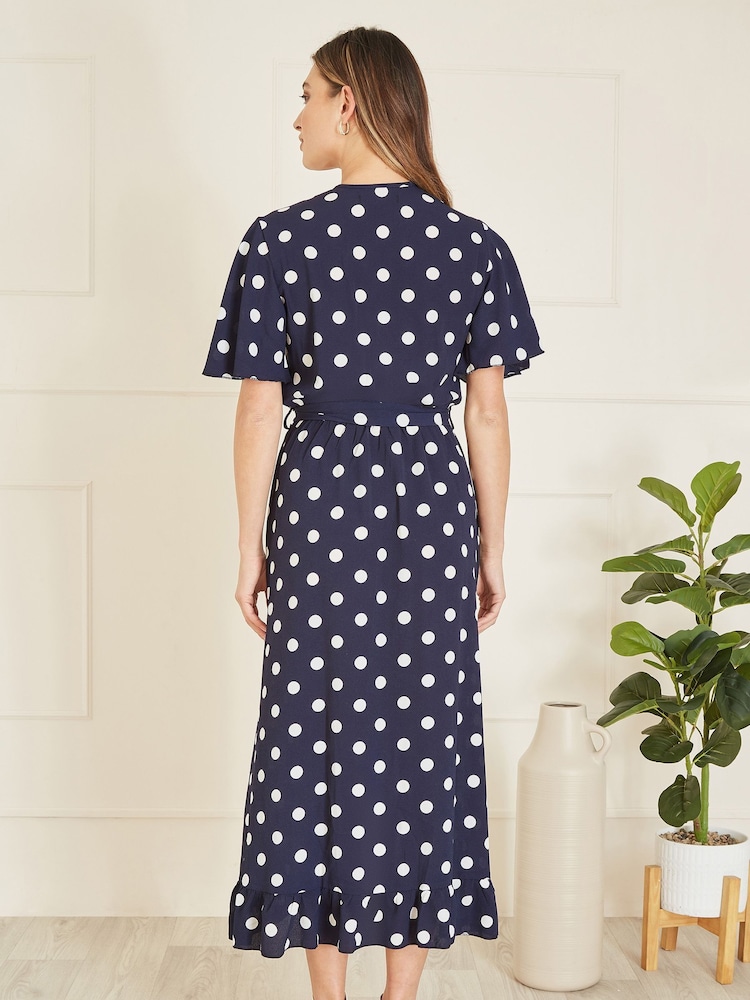 Mela Blue Spot Print Wrap Midi Dress With Frill Detail - Image 2 of 4