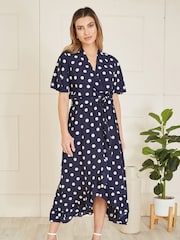 Mela Blue Spot Print Wrap Midi Dress With Frill Detail - Image 3 of 4