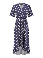 Mela Blue Spot Print Wrap Midi Dress With Frill Detail - Image 4 of 4