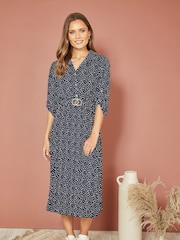 Mela Blue Pleated Skirt Midi Dress With Belt Buckle - Image 1 of 4