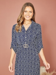 Mela Blue Pleated Skirt Midi Dress With Belt Buckle - Image 3 of 4