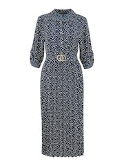 Mela Blue Pleated Skirt Midi Dress With Belt Buckle - Image 4 of 4