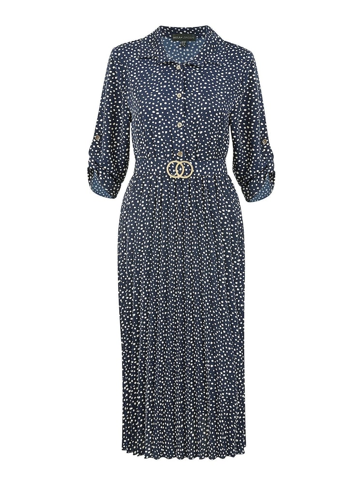 Mela Blue Pleated Skirt Midi Dress With Belt Buckle - Image 4 of 4