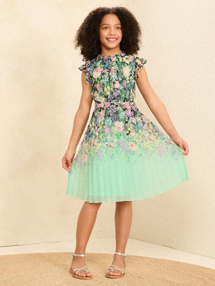 Schwarz/Blau/Blumenmuster - L&R | Love & Roses Faltenkleid aus Chiffon mit Rüschenärmeln (5-16Jahre) - Bild 1 von 4