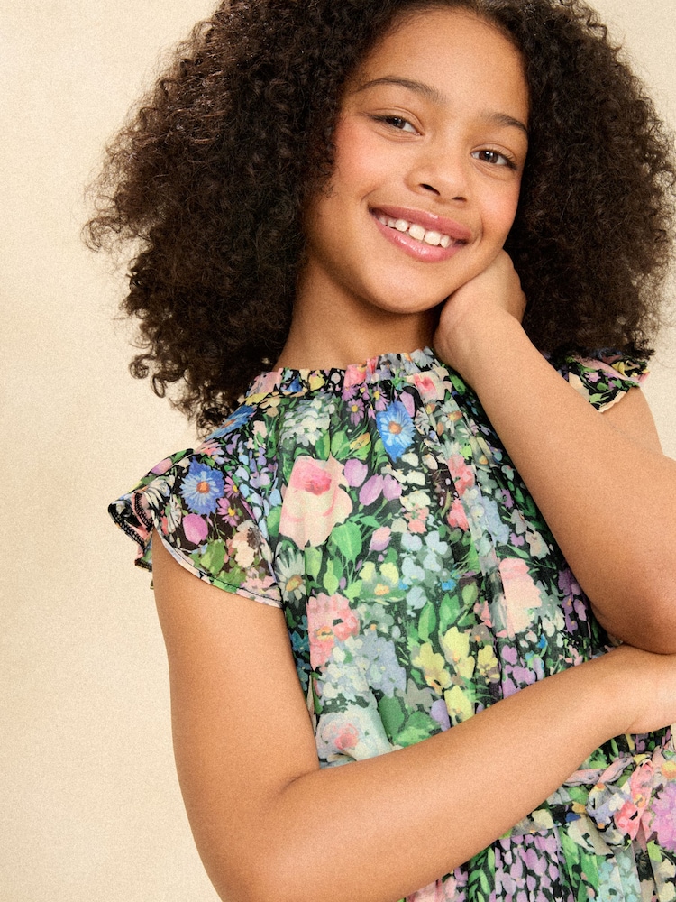 L&R | Love & Roses Black/Blue Floral Chiffon Ruffle Sleeve Pleated Dress (5-16yrs) - Image 2 of 4 L&R | Love & Roses Black/Blue Floral Chiffon Ruffle Sleeve Pleated Dress (5-16yrs) - Image 2 of 4