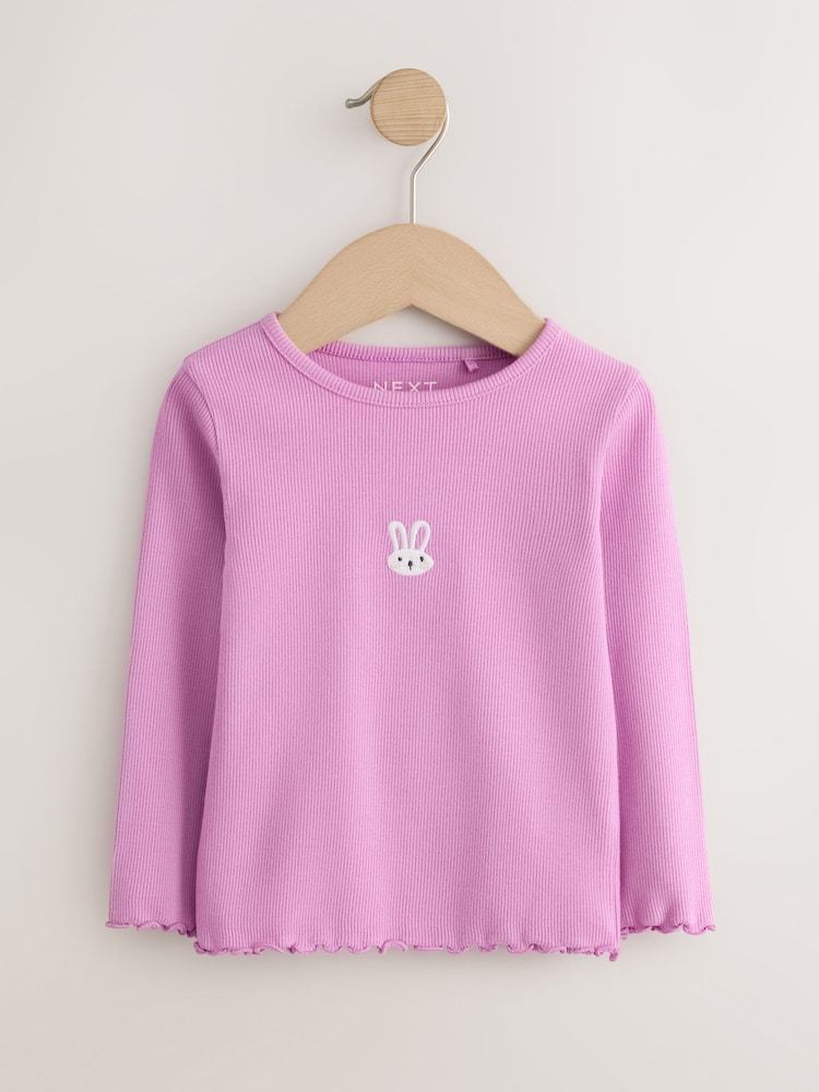 Pink Bunny Embroidery Rib Long Sleeve T-Shirt (3mths-7yrs) - Image 1 of 4 Pink Bunny Embroidery Rib Long Sleeve T-Shirt (3mths-7yrs) - Image 1 of 4