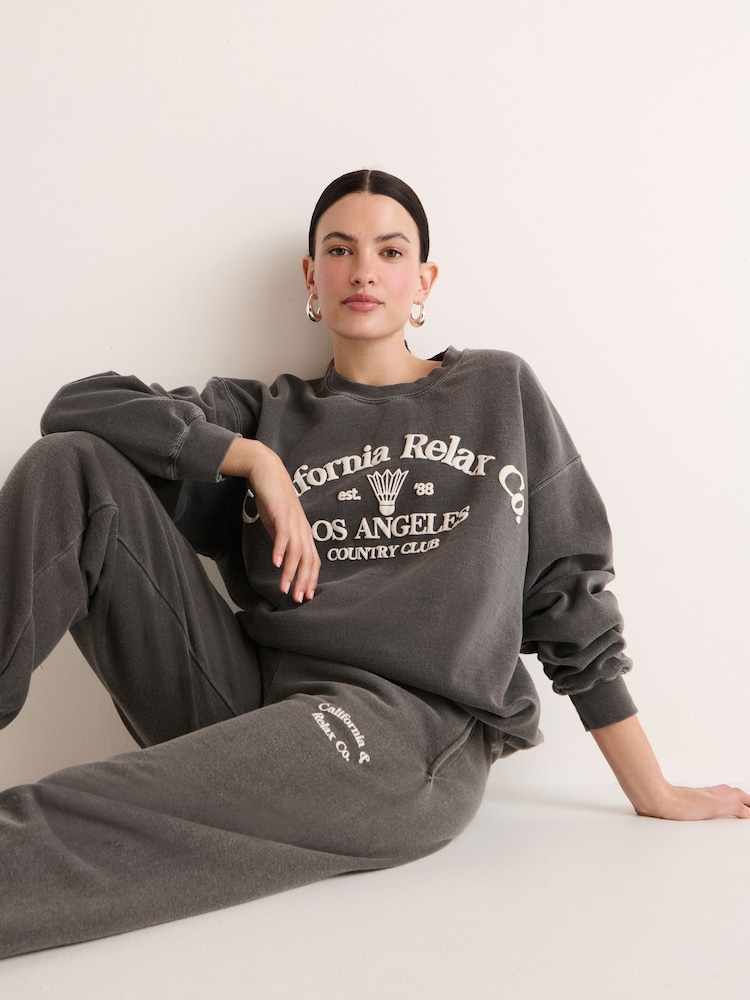 Charcoal Grey California Relax Co. Los Angeles Relaxed Fit Washed Slogan Graphic Joggers - Image 2 of 7
