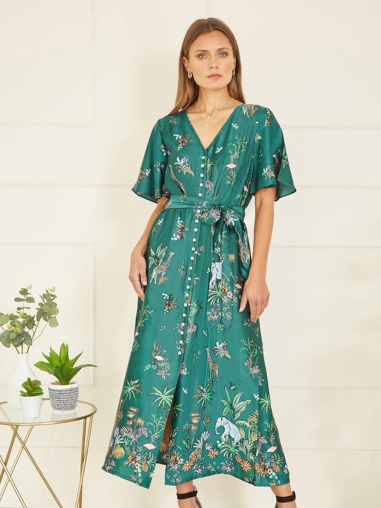 Yumi Green Satin Animal Safari Print Midi Shirt Dress - Image 1 of 5 Yumi Green Satin Animal Safari Print Midi Shirt Dress - Image 1 of 5