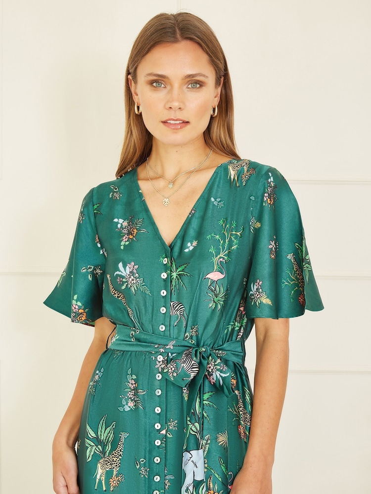 Yumi Green Satin Animal Safari Print Midi Shirt Dress - Image 2 of 5 Yumi Green Satin Animal Safari Print Midi Shirt Dress - Image 2 of 5